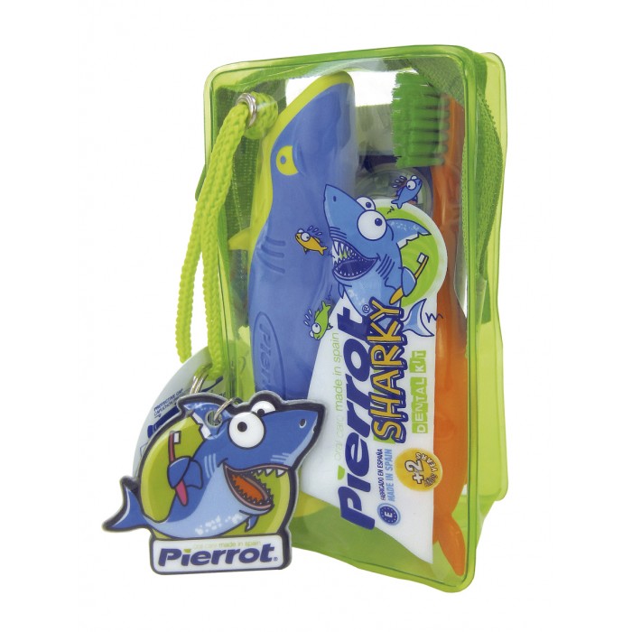 Pierrot Sharky Mini Kit дорожный набор для детей от 2 до 8 лет (зубная щетка с мягкими щетинками, гель и брелок)