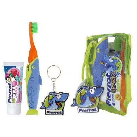 Pierrot Sharky Mini Kit дорожный набор для детей от 2 до 8 лет (зубная щетка с мягкими щетинками, гель и брелок) в сумочке