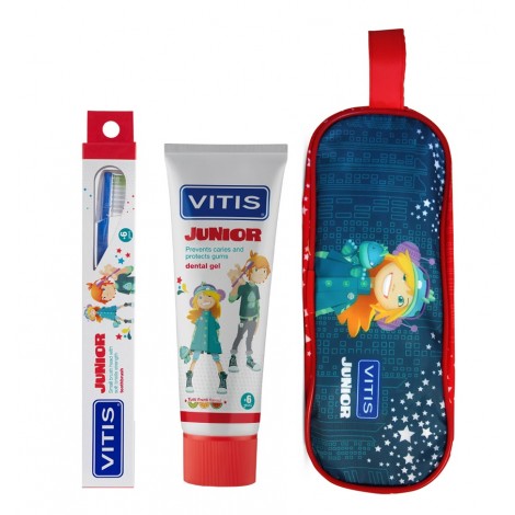 Dentaid Vitis Junior набор (зубная паста-гель 75 мл и зубная щетка очень мягкая) в сумочке для детей от 6 лет