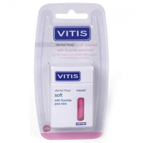Vitis Waxed Soft вощеная зубная нить мягкая из нейлона, скрученная форма, вощеная, со фтором, мятный вкус (50 м)