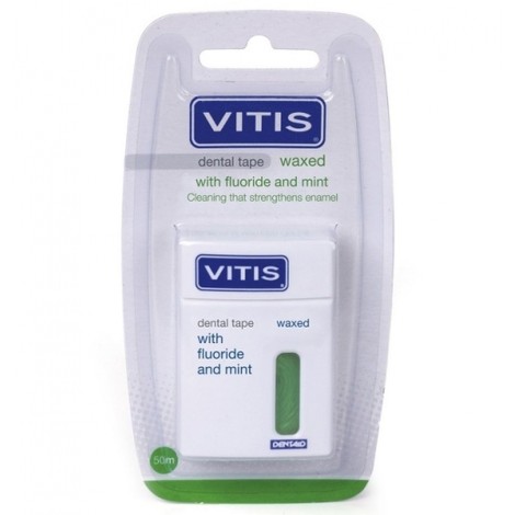 Vitis Tape Waxed вощеная зубная нить-лента из нейлона, плоская, вощеная, со фтором, мятный вкус (50 м)