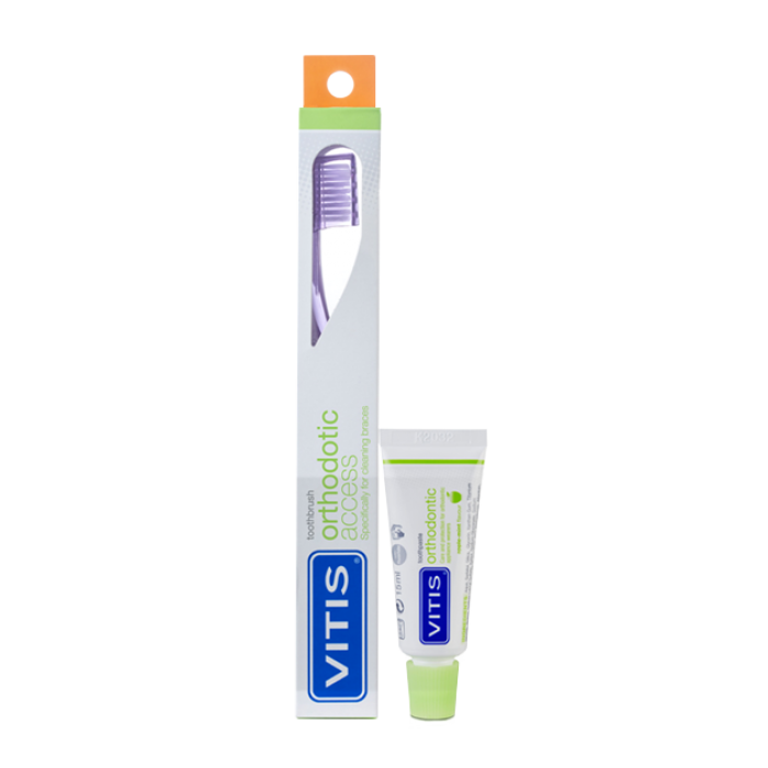 Vitis набор (зубная щетка ортодонтическая мягкая Vitis Orthodontic Access в твердой упаковке + зубная паста 15 мл)
