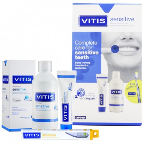 Dentaid Vitis Sensitive 3 в 1 набор для чувствительных зубов (зубная щетка, паста и ополаскиватель)