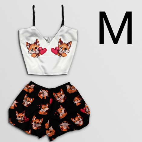 Чернега Пижама женская шелковая Лисы с сердцем размер М (классический топ+шорты)