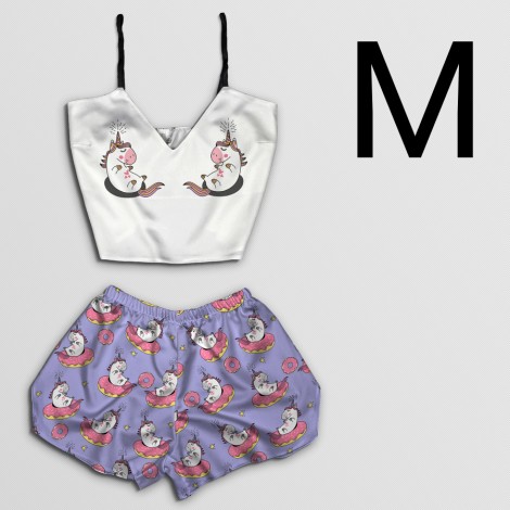 Пижама женская шелковая Единорожки размер М (классический топ+шорты)