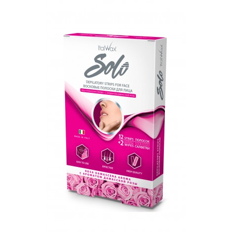 ItalWax Solo восковые полоски для лица с салфетками с ароматом Дамасской розы (12 шт)