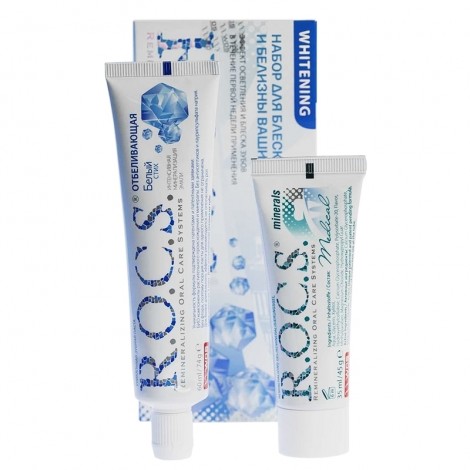 ROCS набор отбеливающая зубная паста (74 гр) и гель реминерализующий Medical Minerals (45 гр) (PR48)